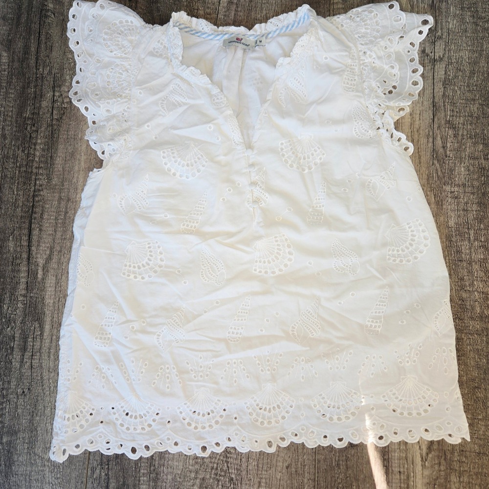 Vineyard Vines Womens White Seashell Eyelet Flutter Sleeve Cotton Top Medium